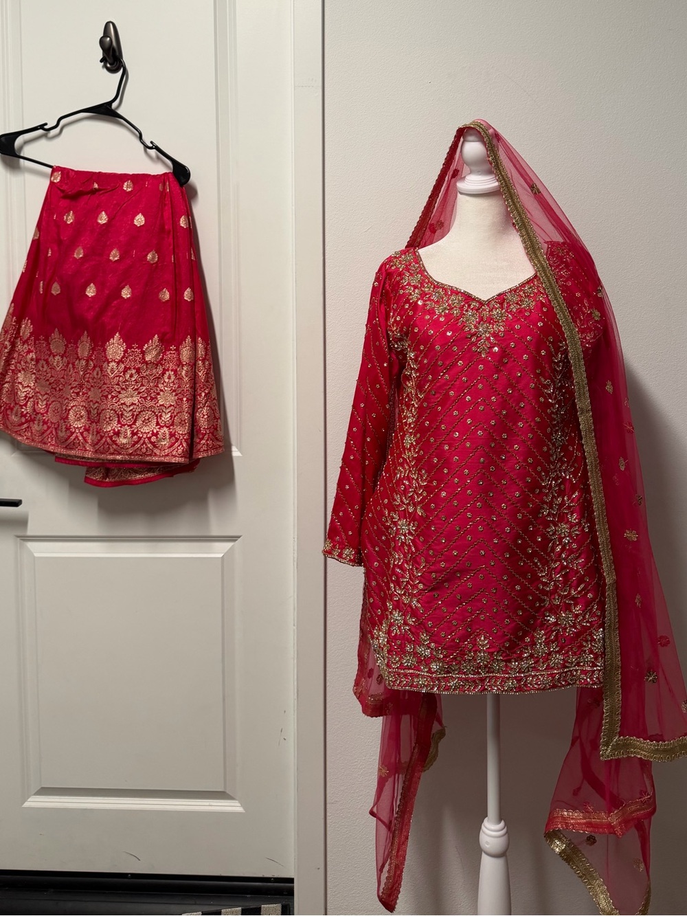 Hot Pink Gold Embroidered Pakistani 3 Piece Lehenga Sharara Wedding Formal Outfi